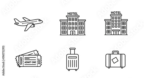 Travel icons with airplane hotel tickets.