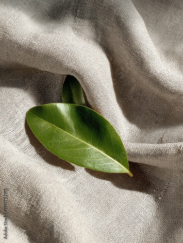 A close-up of the texture of linen organic fabric, with a single green leaf elegantly placed on the fabric, a minimalist composition that embodies sustainable fashion and the concept of a slow life.