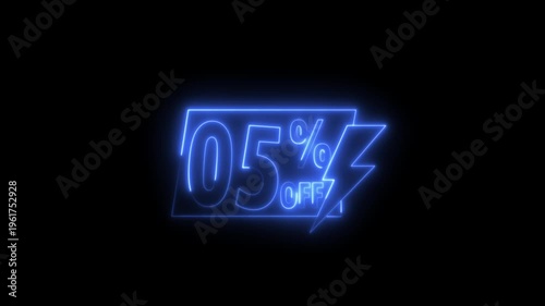 Neon sale sign with percentage discount 05% glowing in dark background for retail marketing advertising promotion.