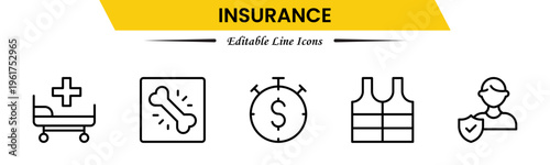 Insurance icons depicting protection, policy, coverage, claims, security, risk management, health, life, property, finance, assurance, safety, support, and benefits.