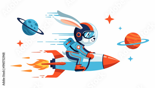 An intrepid rabbit astronaut swiftly rockets through the galaxy, a blur of motion past colorful planets and twinkling stars, showcasing rapid progress and ambitious space exploration