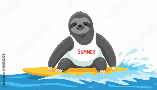 Chill Vibes on Waves Adorable Cartoon Sloth Enjoying a Summer Surf Session on a Yellow Board, Radiating Laid-Back Vacation Fun and Tropical Leisure