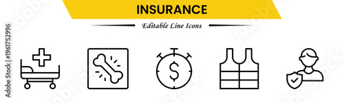Insurance icons depicting protection, policy, coverage, claims, security, risk management, health, life, property, finance, assurance, safety, support, and benefits.