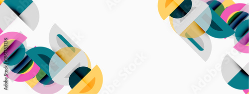 Abstract geometric shapes overlap, creating colorful patterns. White background provides contrast, simple design feels modern.