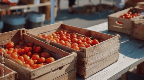 Freshly harvested cherry tomatoes displayed in wooden crates on wooden table at farmers market under bright sunlight in outdoor setting