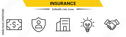 Insurance icons depicting protection, policy, coverage, claims, security, risk management, health, life, property, finance, assurance, safety, support, and benefits.
