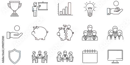 "Business finance teamwork icons set with trophy, piggy bank, calendar, shield, meeting, innovation, leadership, savings, and digital productivity concepts"