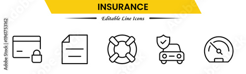 Insurance icons depicting protection, policy, coverage, claims, security, risk management, health, life, property, finance, assurance, safety, support, and benefits.