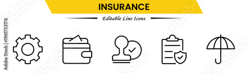 Insurance icons depicting protection, policy, coverage, claims, security, risk management, health, life, property, finance, assurance, safety, support, and benefits.