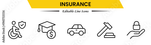 Insurance icons depicting protection, policy, coverage, claims, security, risk management, health, life, property, finance, assurance, safety, support, and benefits.