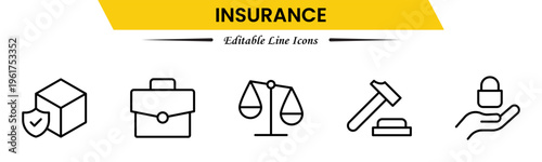Insurance icons depicting protection, policy, coverage, claims, security, risk management, health, life, property, finance, assurance, safety, support, and benefits.
