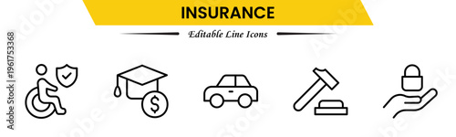 Insurance icons depicting protection, policy, coverage, claims, security, risk management, health, life, property, finance, assurance, safety, support, and benefits.