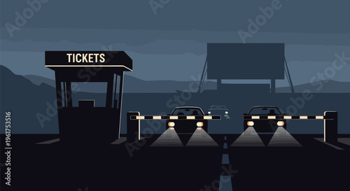 Ticket booth at a toll road with a barrier and cars at night