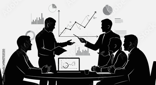 Business team discussing strategy with graphs and charts on screen in meeting