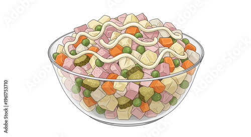 Delicious Olivier Salad in a Glass Bowl, Garnished with Mayonnaise