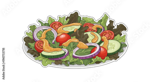 Fresh Garden Salad with Dressing on White Plate, Isolated