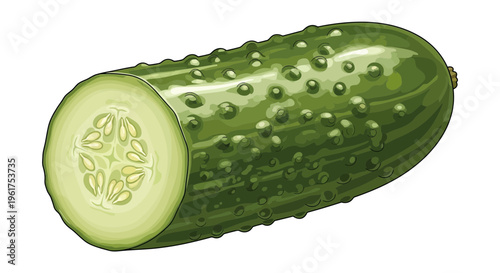 Fresh green cucumber, half sliced, revealing seeds and pulp, isolated on white background.