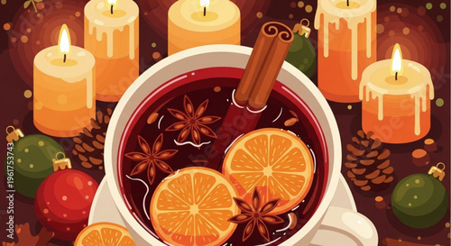 Warm mulled wine with cinnamon sticks and slices of orange surrounded by lit candles and christmas ornaments on a cozy background