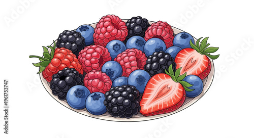 Fresh Mixed Berries on White Plate - Strawberries, Blueberries, Raspberries, Blackberries