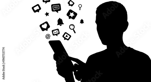 Man using smartphone with social media icons floating up representing online communication and digital connectivity