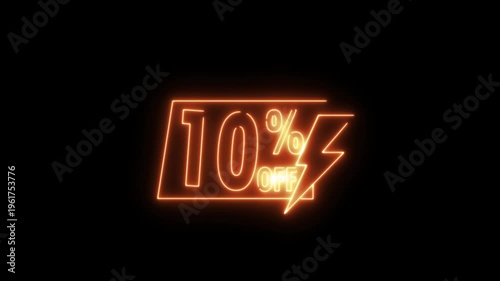 Neon sale sign with percentage discount 10% glowing in dark background for retail marketing advertising promotion.