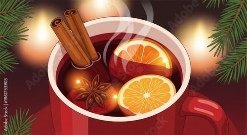 Warm mulled wine with cinnamon sticks and orange slices in a red mug on a cozy winter background with pine branches and lights