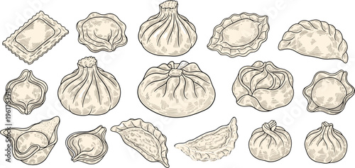 Italian pasta assortment with ravioli tortellini dumplings hand drawn vintage engraving style traditional cuisine illustration set