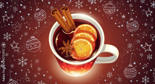 Warm mulled wine in a white mug with cinnamon sticks and orange slices on a festive holiday background with snowflakes and christmas ornaments
