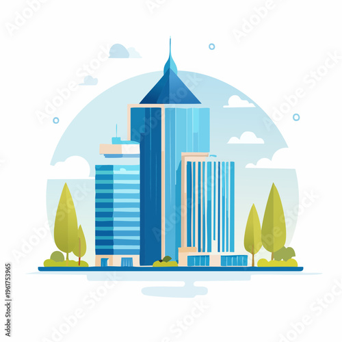 Modern city skyline with sleek skyscrapers and lush green trees
