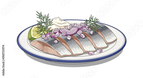 Marinated Herring Fillets with Red Onion, Dill, and Lime on Plate
