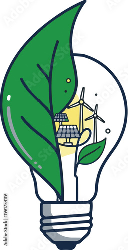 Eco friendly light bulb with green leaf and wind turbines isolated on transparent background