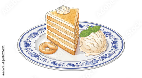 Slice of cake with ice cream and cookie on a plate