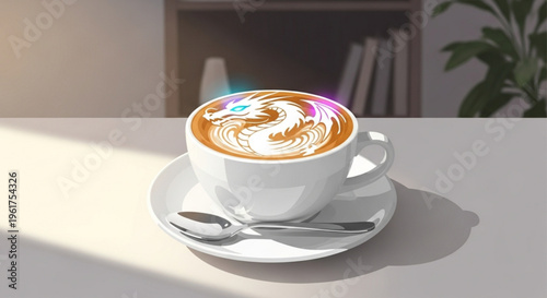 Vibrant dragon design latte art on a white coffee cup and saucer with spoon on a sunny table