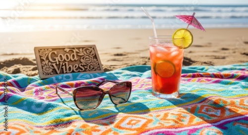 A vibrant beach scene with a colorful towel, sunglasses, a tropical drink, and a sign reading 'Good Vibes' on the sand. The ocean waves are visible in the background