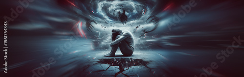 owerful conceptual illustration depicting mental health struggles. This image visually represents panic attacks, anxiety disorders and psychological distress.