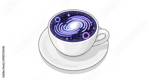 Galaxy swirling in a white coffee cup on a saucer with purple and blue hues and stars