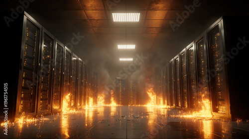 A data center server room is engulfed in flames, with fire spreading along the floor and between server racks under bright ceiling lights.