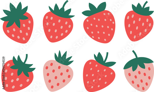Fresh red strawberry set with green leaves and pink berry variations for organic food design elements. Vector illustration