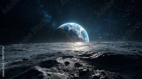 Earth rising above the lunar surface, showcasing a star-filled cosmos with a bright, reflective moonlit terrain in the foreground.