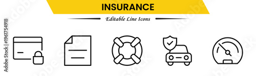 Insurance icons depicting protection, policy, coverage, claims, security, risk management, health, life, property, finance, assurance, safety, support, and benefits.
