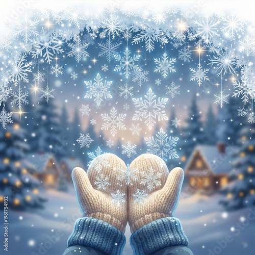 A child’s hands reaching up to catch falling snow from a vector winter snowfall border