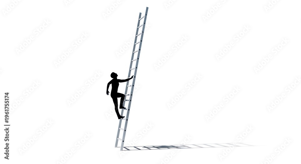 Fototapeta premium A silhouette of a person climbing a ladder against a white background. The ladder is leaning against a wall, and the person is ascending it.
