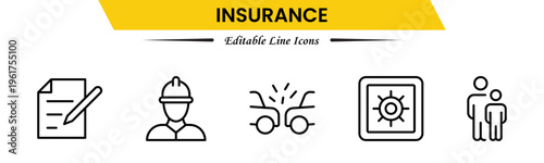 Insurance icons depicting protection, policy, coverage, claims, security, risk management, health, life, property, finance, assurance, safety, support, and benefits.