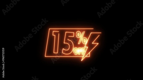 Neon sale sign with percentage discount 15% glowing in dark background for retail marketing advertising promotion.