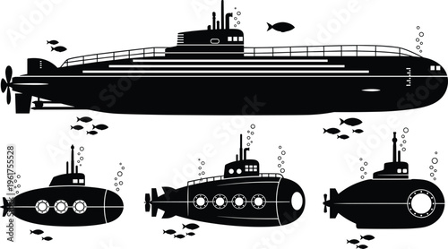 submarine underwater vehicle silhouette naval military transport ocean exploration sea vessel maritime technology illustration vector design collection