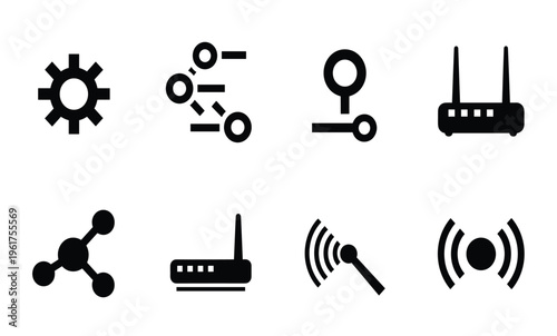 Black technology icons on white background.