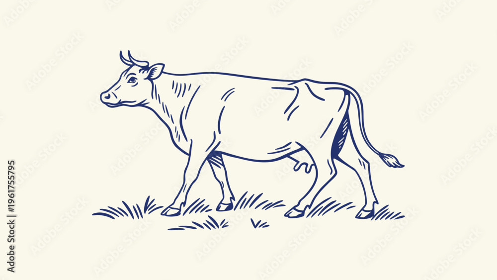 Fototapeta premium Minimalist Blue Line Art Cow Illustration - Hand Drawn Holstein Dairy Cow Vector with Spots and Udder
