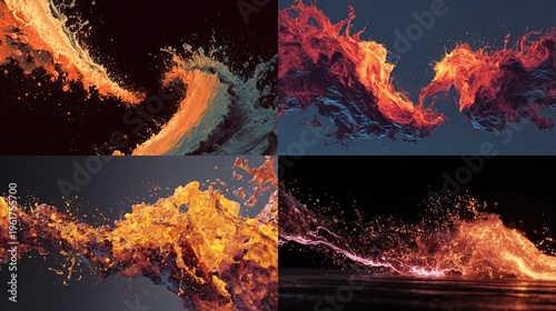 Energetic collision of fluid motion lava and water splash