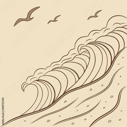 A wave crashes on the shore with seagulls flying overhead