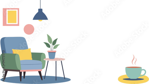 Cozy armchair and side table with potted plant and steaming cup of coffee in a minimalist living room interior, lifestyle concept 30